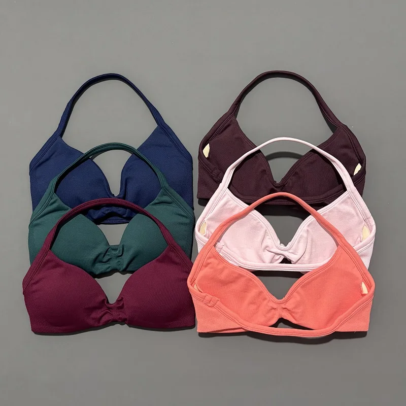 HISTELLO Sports Bra Push Up Strappy Sexy Open Back Gym Crop Top Removable Cups Women Workout Clothing Gym Top Halter Sport Bra