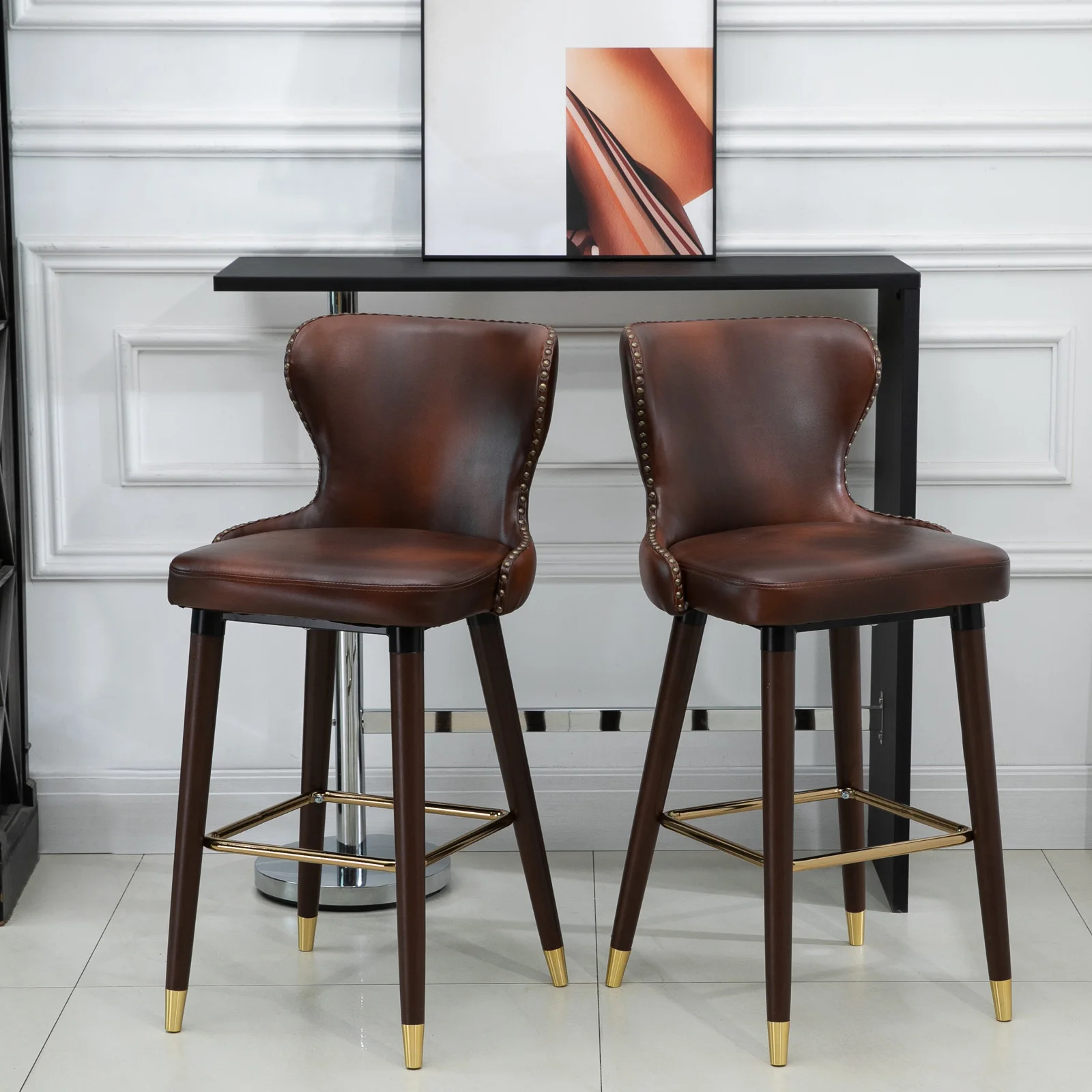 HOMCOM Bar Stools Set of 2, PU Leather Vintage Counter-Height Bar Chair, Luxury European Style Kitchen Stools with Back, Brown
