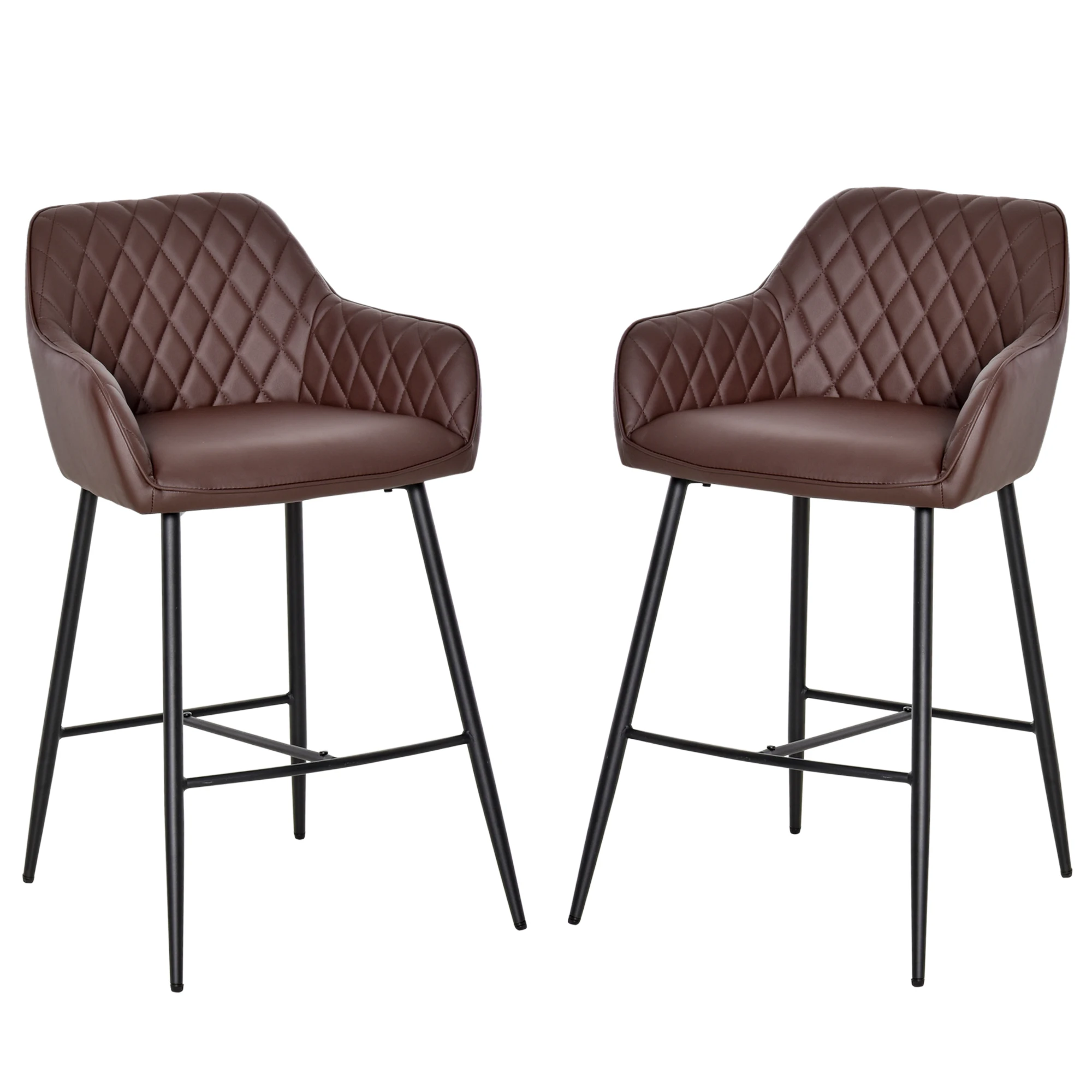 HOMCOM Set Of 2 Retro PU Leather Bar Chairs Set Stylish w/ Footrest Metal Frame