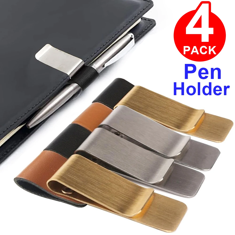 Handmade Leather Brass Stainless Steel Pen Holder Clip Journal Notebook Bookmark Paper Folder Writing Office Supplies Pen Loop