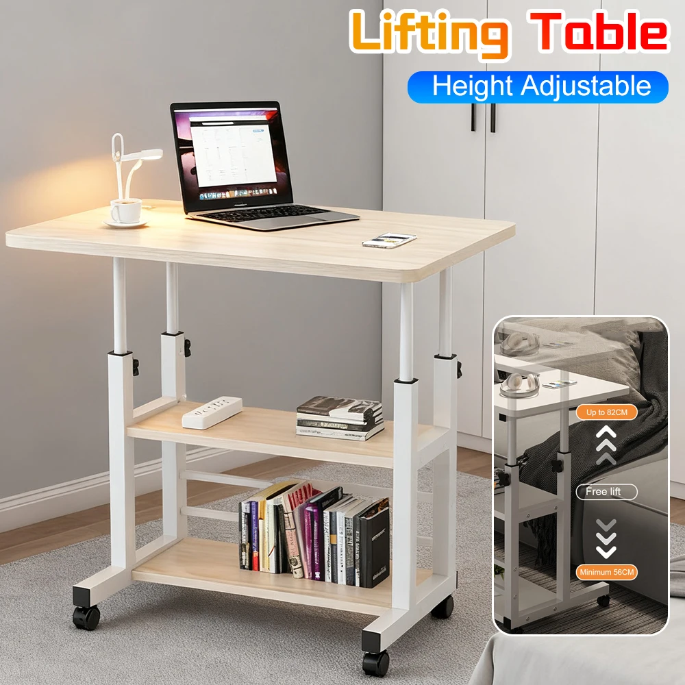Height Adjustable Computer Desk Multi-Layer Storage Adjustable Bedside Laptop Desk Mobile Study Table with Rolling Wheel Desk