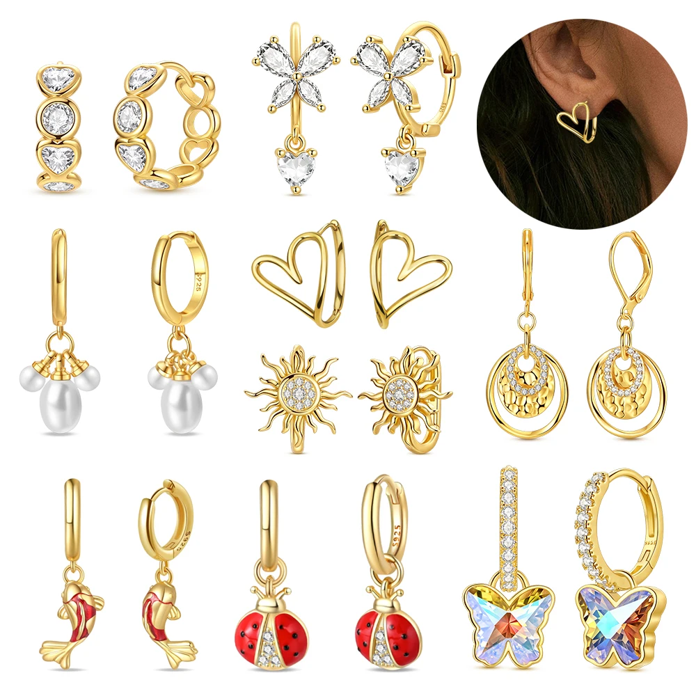 High Quality 925 Sterling Silver Golden Pearl Sun Butterfly Koi Heart Ladybug Earrings Classic Matching Jewelry Gifts