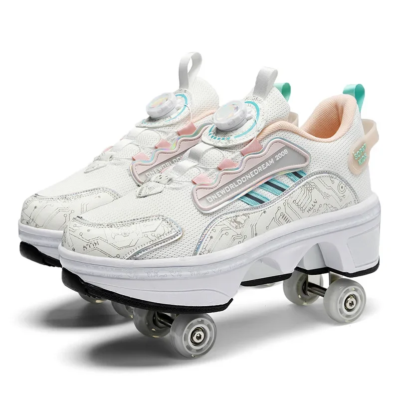High Top 4 Wheel Roller Skate Shoes Automatic Retractable Dual-purpose Skating Sneakers for Boys Girls Kids & Youth