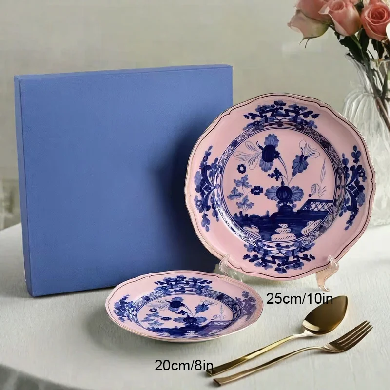 High-end Oriental Series Coffee Cup and Saucer Ceramic Mug Pink Yellow Blue Green Printed Plates Tea Cup Set Gift Box Souvenir