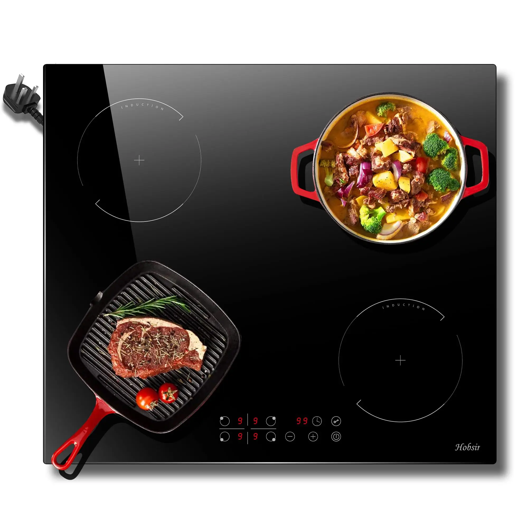 Hobsir hob Plug in Induction Hob 4 Zones Electric Hob 60cm Bulit-in Induction Cooker 2800W, Touch control, Timer, 13 Amp