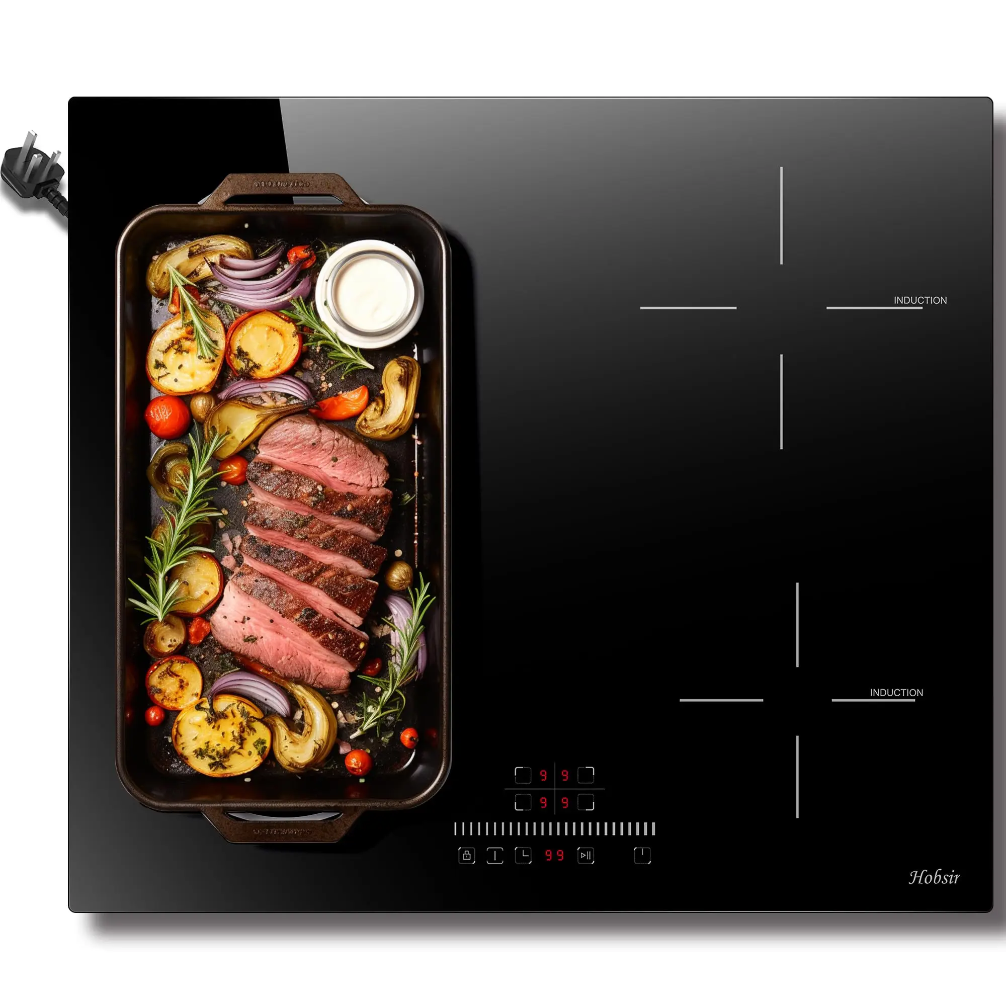 Hobsir hob Plug in Induction Hob 4 Zones Plug in Electric Hob 60cm with Flexible Zone for Griddle Plate, 2800W, Timer, 13 Amp