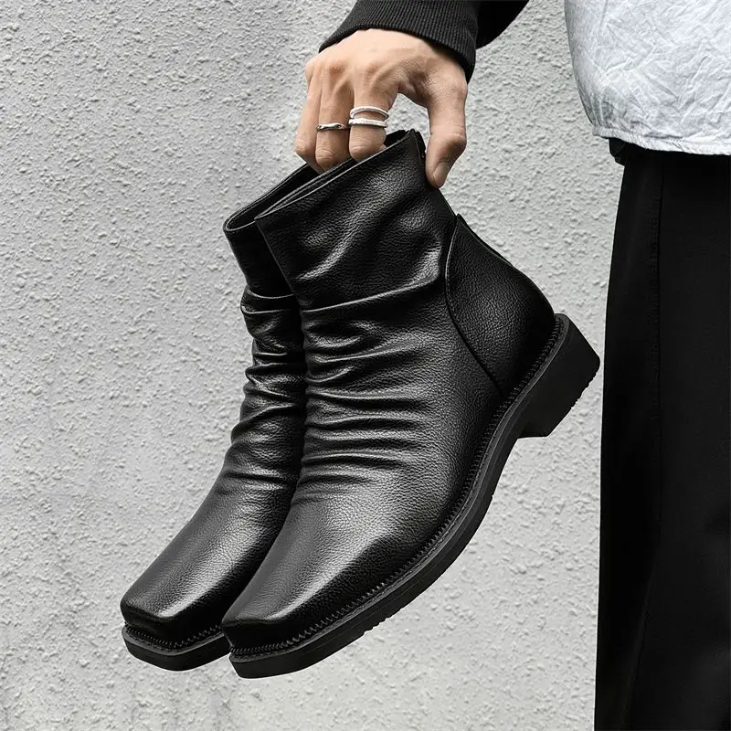 Hot-Selling Leather Boots for Men Fad Square Toe Drape Casual Chelsea Boot British High-end Cool High Top Men Boots Botas Hombre