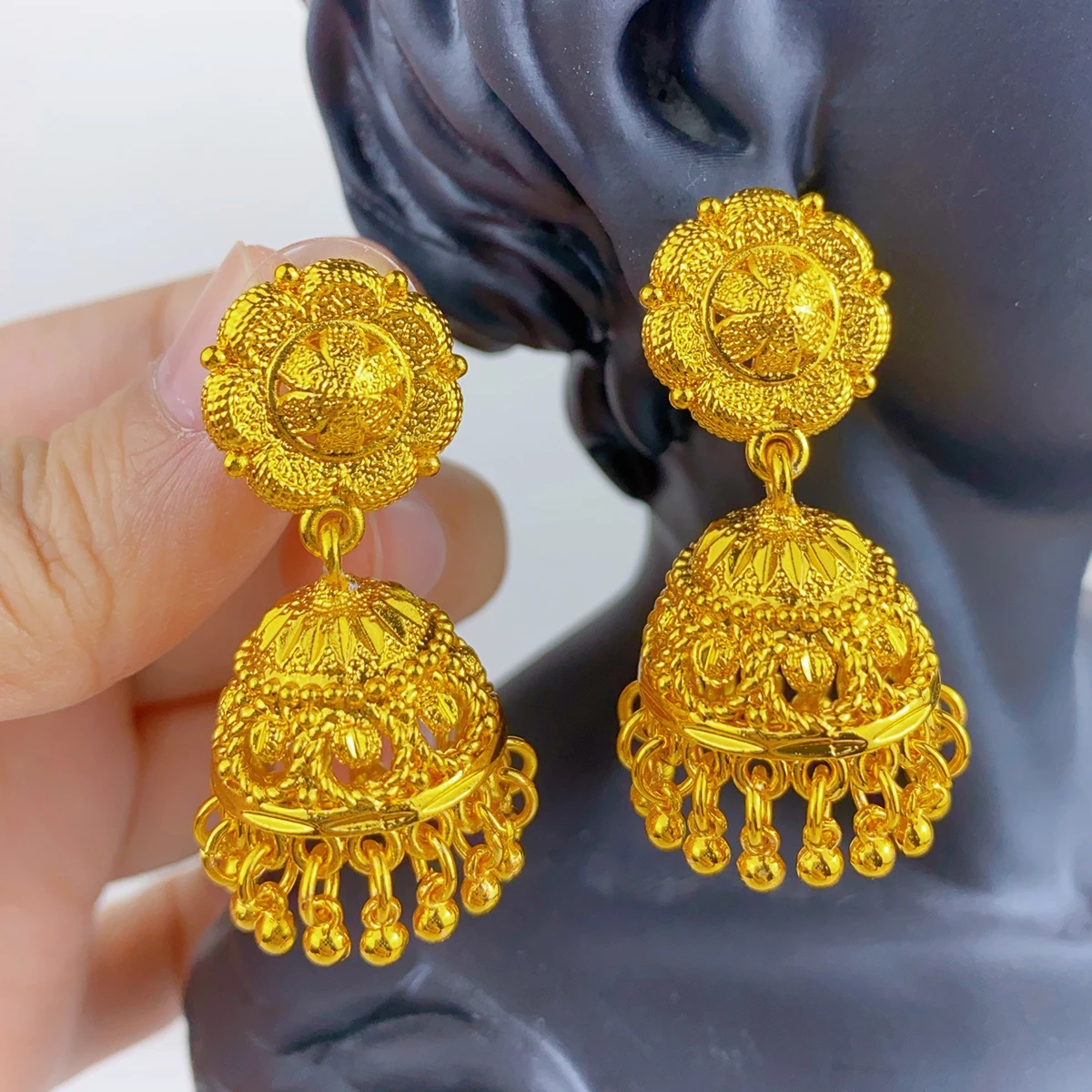 Indian Bell Earrings For Women Trend Ethnic Jhumka Turkish 24k Gold Plated Big Hanging Tassel Earring Banquet Jewelry Gift