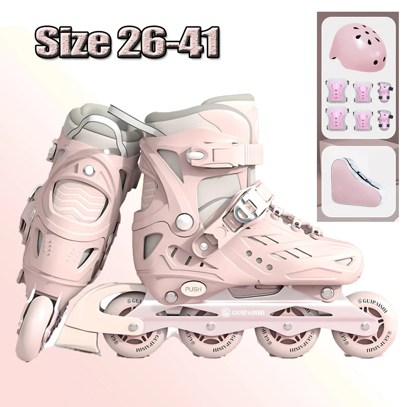 Inline Roller Skates With Helmet, Elbow And Knee Pads Shoe Bag Set Flash 4 Wheels Sneakers For Boys Girls Adjustable Skate Shoes