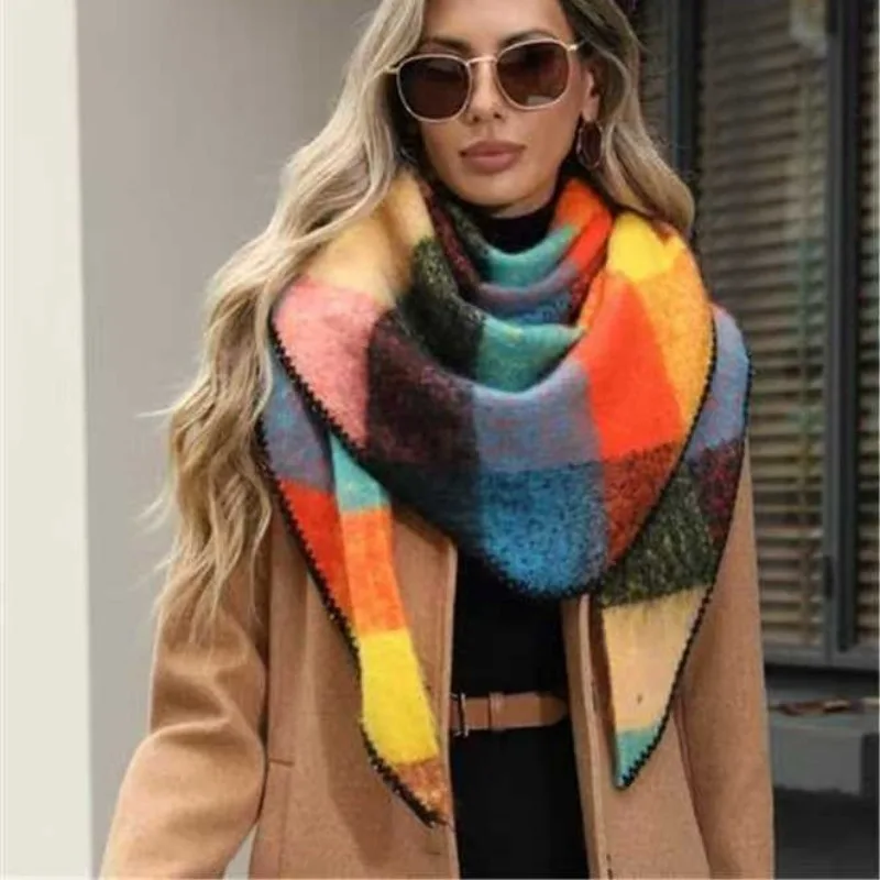 Ins Stylish Plaid Colored Triangle Scarf Ladies Nordic Style Chic Women Warm Mohair Tassel Muffler Neck Triangle Winter Female