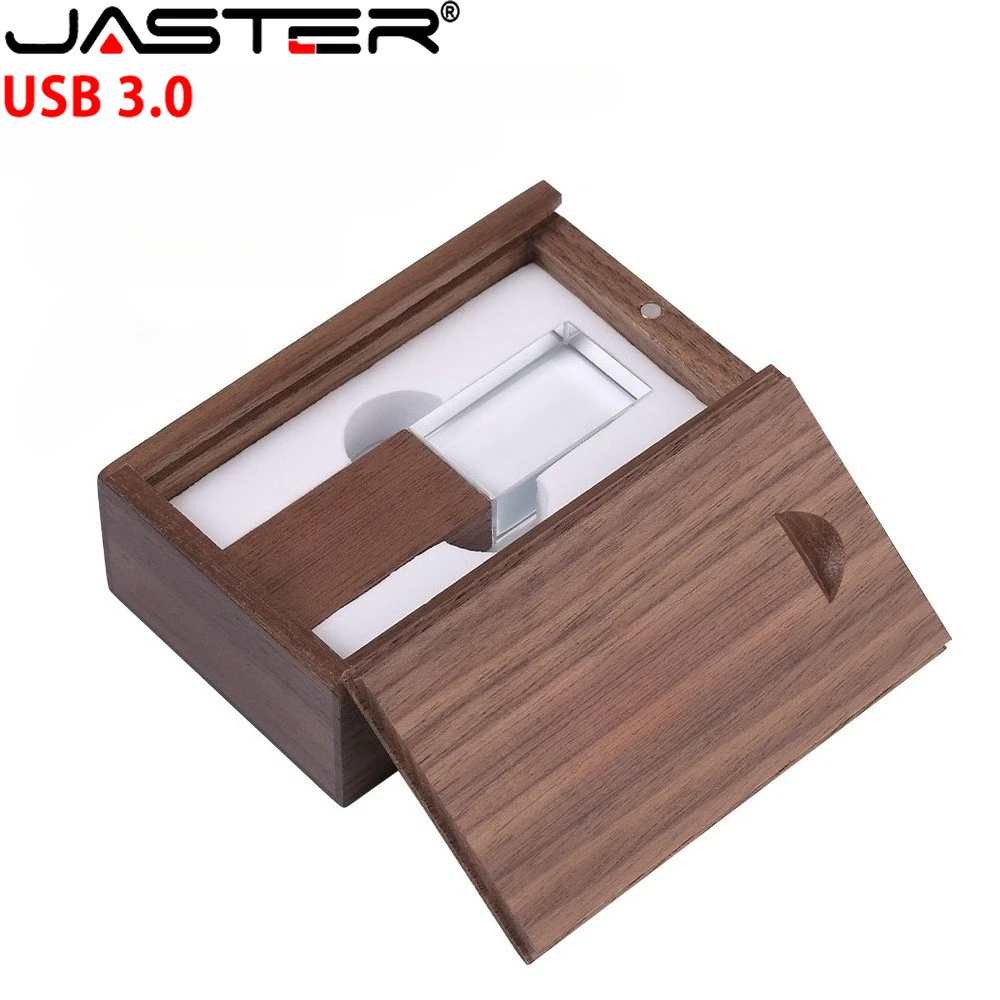JASTER Crystal USB 3.0 Flash Drive 128GB Wooden Box Pen Drive 64GB High Speed Memory Stick 32GB Creative Waterproof Gift Stick