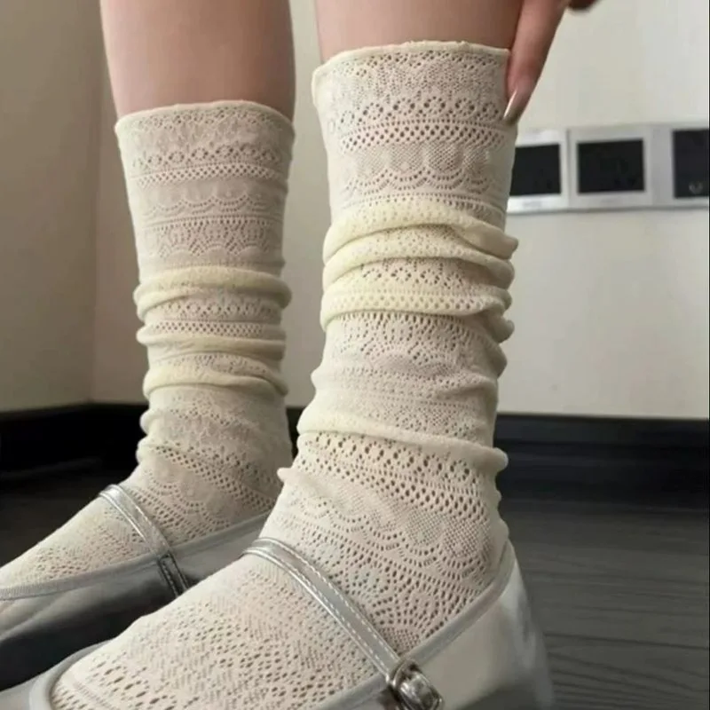 JK Sweet White Pile Socks for Women Mesh Hollowed Out Thin Nylon Silk Retro Flower Lace Socks Ladies Transparent Crew Socks