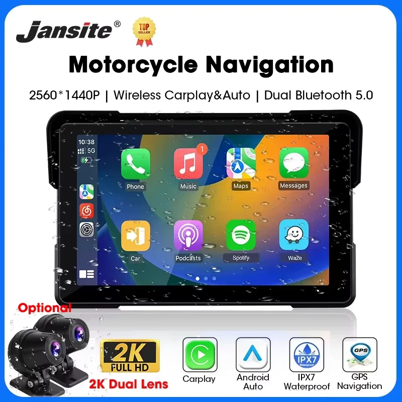 Jansite 5/7 inch Carplay Motorcycle DVR Navigation GPS Wireless CarPlay Android Auto IPX7 Display Screen Portable Moto Monitor