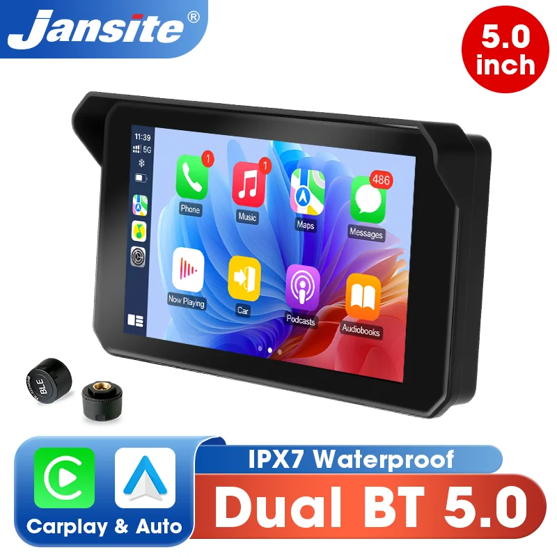 Jansite Dual Bluetooth Motorcycle Carplay Screen Navigation GPS Display IP67 Waterproof Support Helmet Intercom Moto Accessories