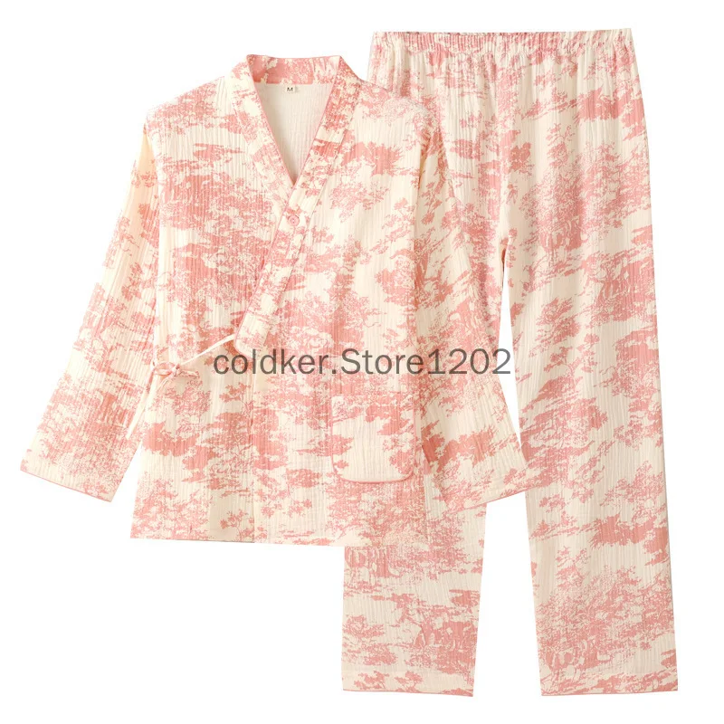 Japanese Kimono 100% Cotton Gauze Women Pajamas Sleepwear Female 2 Piece Set Printing Nightwear Pyjamas Home Clothes Loungewear
