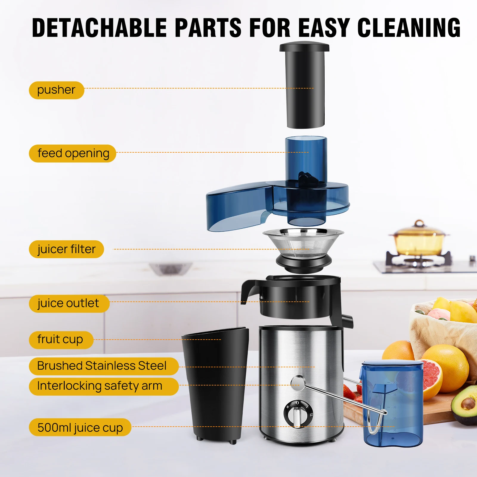 Juicer Machine, Feed Chute for Fruits, Vegetables & Citrus, 2-Speed Centrifugal Juice Extractor, 500ML Capacity