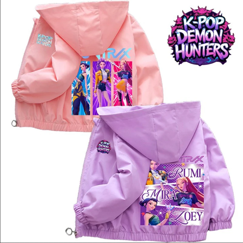 K-pop Demon Hunters 2026 Spring Autumn Children Windbreaker Coat Teen Girls Cartoon Printed Hooded Jacket Waterproof Outerwear