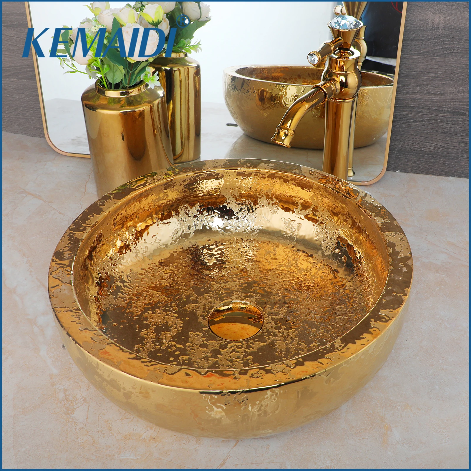 KEMAIDI Ceramic Bathroom Vessel Sink Gold with Faucet Porcelain Bathroom Sinks Above Counter Luxury Vessel Sinks for Bathrooms