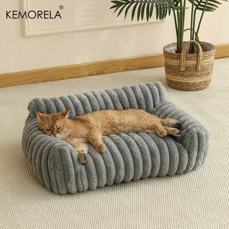 KEMORELA 1PC Striped Cat Sofa Bed Soft Polyester Pet Bed Breathable for All Seasons Suitable for Small to Medium Catsor Sleeping