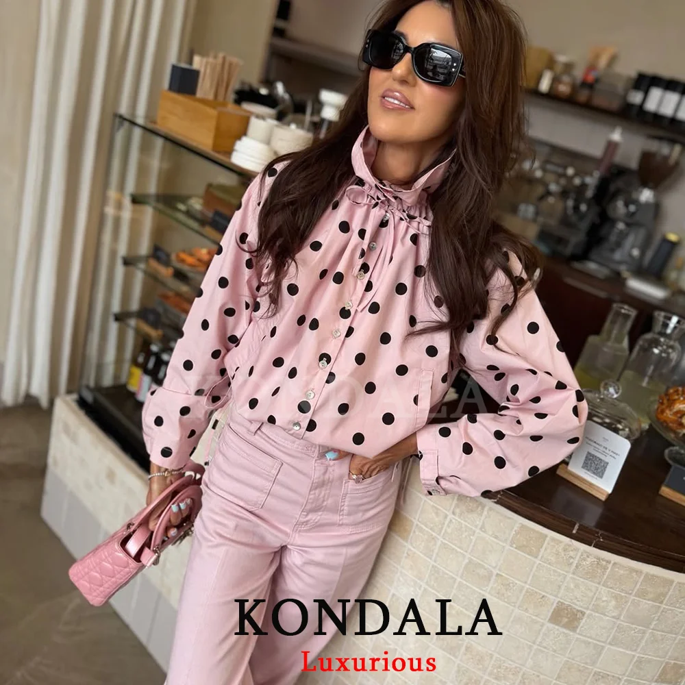 KONDALA Elegant Holiday Women Pink Polka Dot Jacket Bow Single Breasted Pockets Coat Fashion 2026 Spring Party Night Out Coat