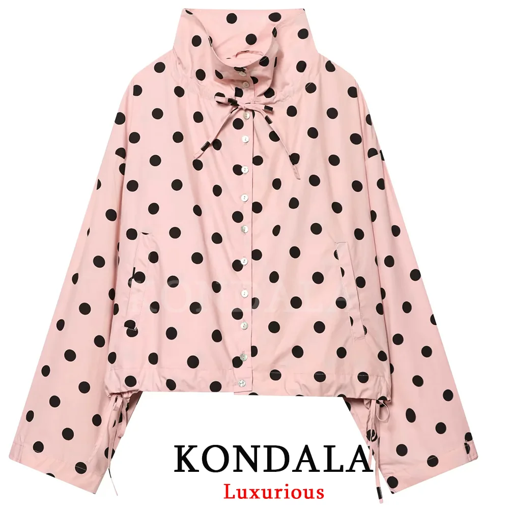 KONDALA Elegant Holiday Women Pink Polka Dot Jacket Bow Single Breasted Pockets Coat Fashion 2026 Spring Party Night Out Coat