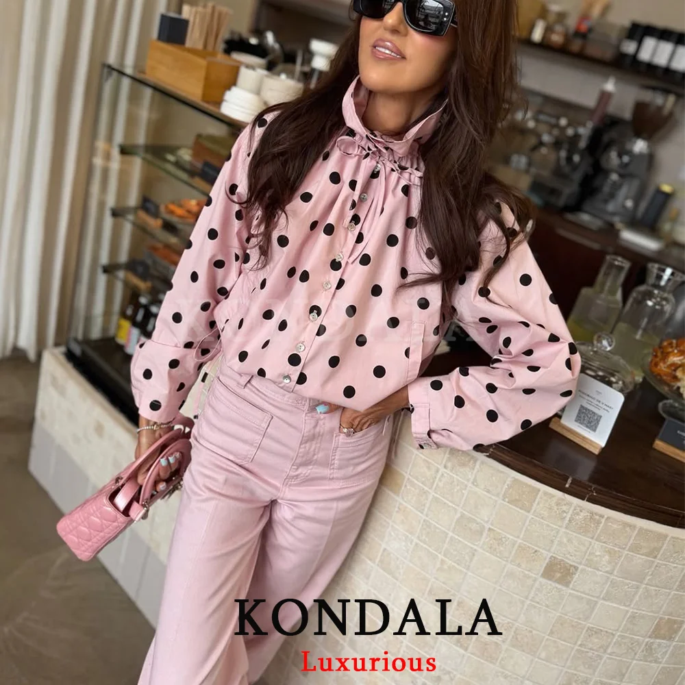 KONDALA Elegant Holiday Women Pink Polka Dot Jacket Bow Single Breasted Pockets Coat Fashion 2026 Spring Party Night Out Coat