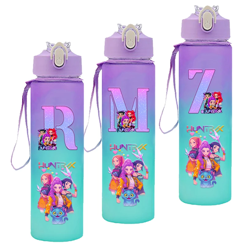 KPop Demon Hunters Gradient Water Bottles 750ml Movie Girl Letter A-Z Straw Drink Cups Portable High-capacity Outdoor Bottle