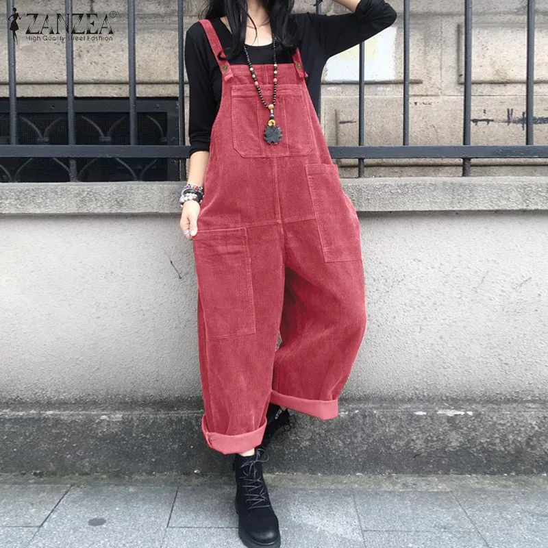 Kaftan Corduroy Overalls Women's Spring Jumpsuits ZANZEA 2025 Casual Suspender Harem Pants Female Solid Rompers Femme Oversize