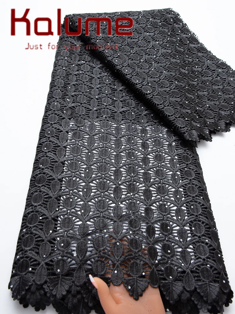 Kalume Black Nigerian Cord Guipure Lace Fabric 2026 High Quality 5 Yards Knitted African Water Soluble Lace Fabric for Sewing