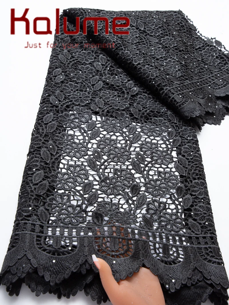Kalume Black Nigerian Cord Guipure Lace Fabric 2026 High Quality 5 Yards Knitted African Water Soluble Lace Fabric for Sewing