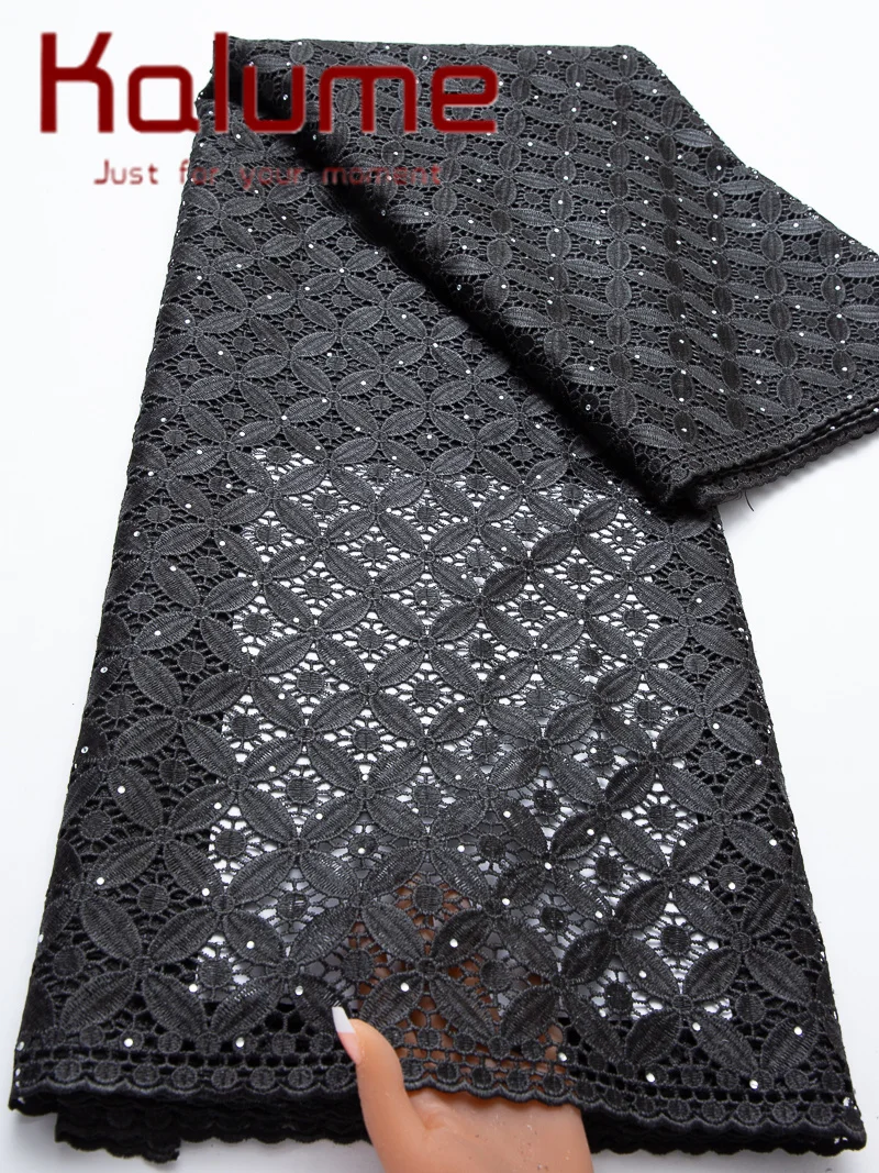 Kalume Black Nigerian Cord Guipure Lace Fabric 2026 High Quality 5 Yards Knitted African Water Soluble Lace Fabric for Sewing