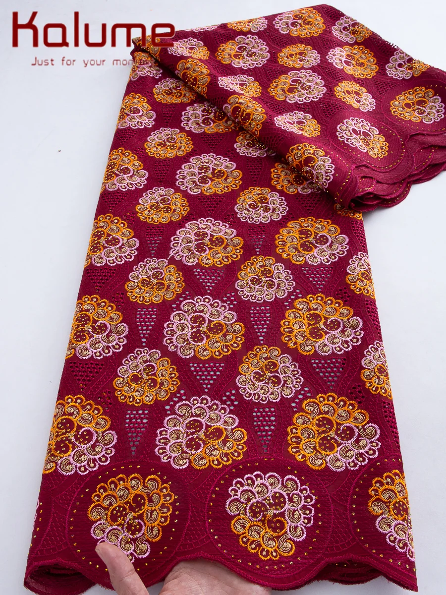 Kalume Red African Swiss Voile Cotton Lace Fabric High Quality 5 Yard Nigerian Dubai Cotton Lace Fabric 2026 Women for Dress Sew