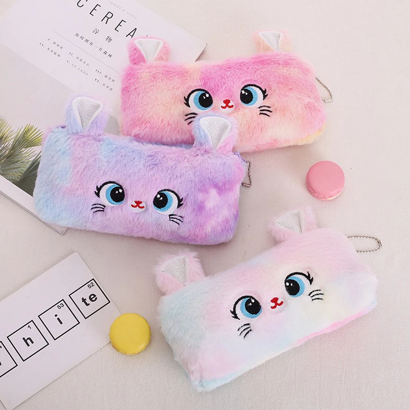 Kawaii Cat Large-capacity Zipper Pencil Bag, Beautiful Cartoon Creative Plush Pencil Bag for Girls Stationery Storage Bag