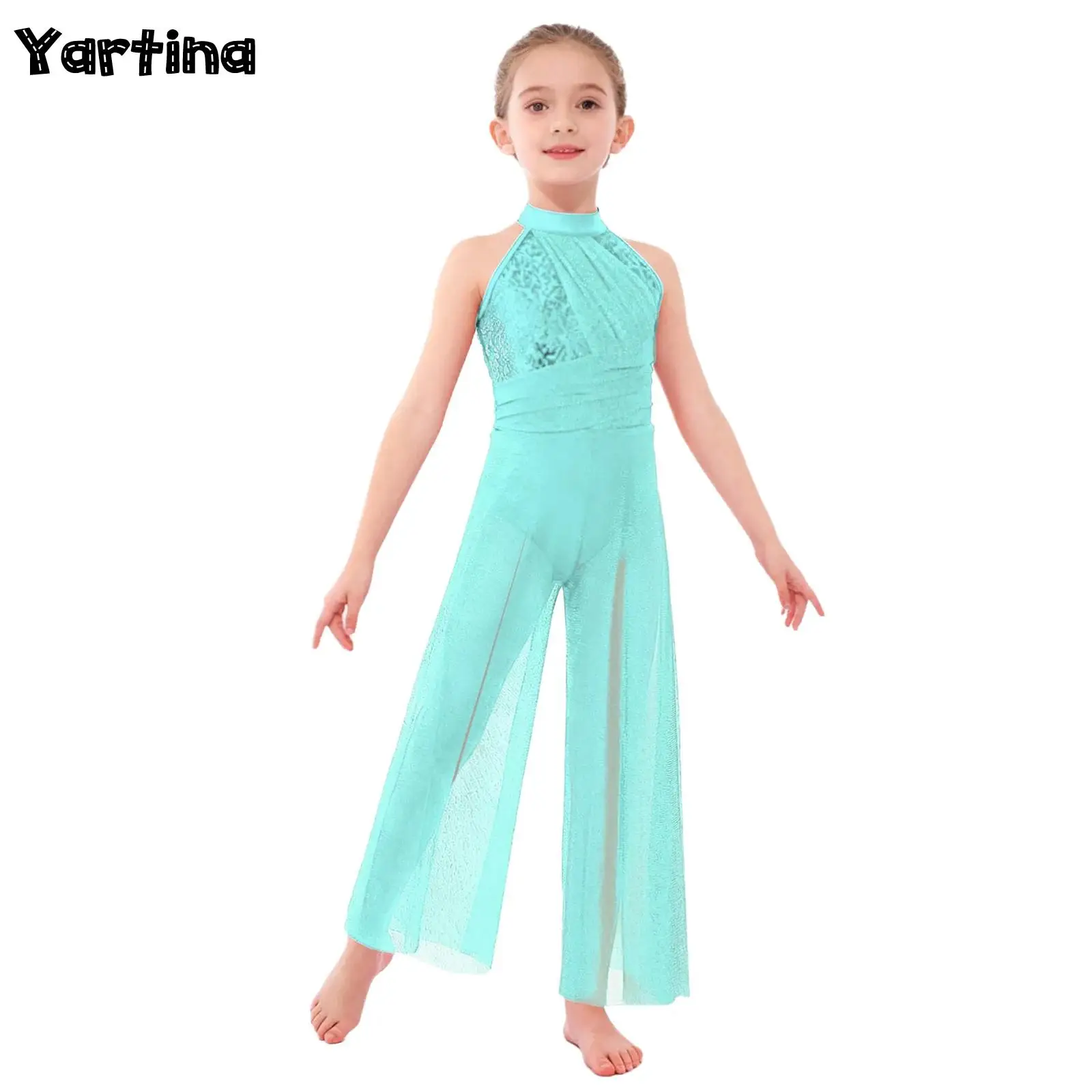 Kids Girls Ballet Lyrical Dance Performance Unitards Jumpsuit Costume Shiny Sequins Bodice Shimmery Mesh Split Wide-Leg Bodysuit