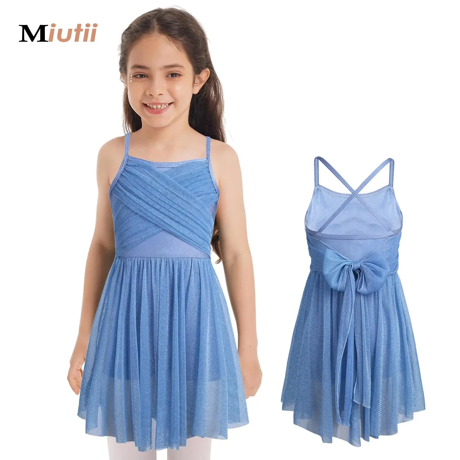 Kids Girls Glittery Modern Dancewear Figure Skating Costume Spaghetti Straps Ballet Lyrical Latin Dance Gymnastics Leotard Dress