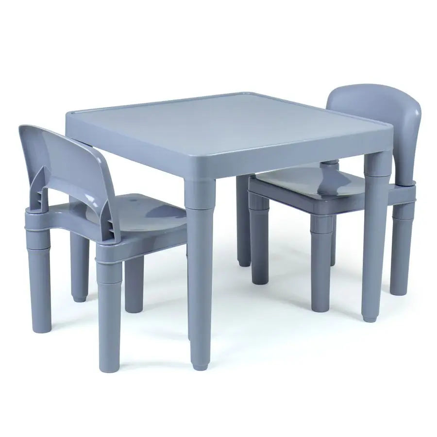 Kids Plastic Table and 2 Chairs Set, Grey Table with Chairs, Lightweight Toddler Activity Table for Ages 36, Easy SnapTogether A