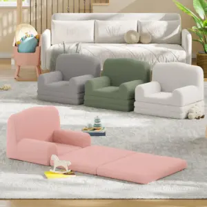 Kids Reading Chair, Sherpa Convertible Toddler Couch Fold Out Sofa Bed with Washable Cover, Crown Design for Playroom Nursery