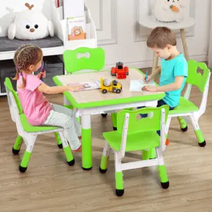 Kids Table and 4 Chairs Set, Height Adjustable Children Table and Chair Set ,Graffiti Top & Non-Slip Legs for Classroom & Home