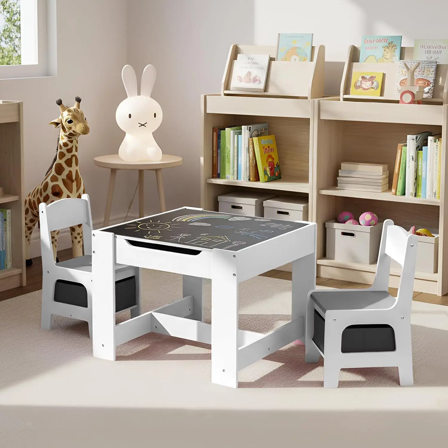 Kids Table and Chair Set, 4 in 1 Wooden Children Activity Table w/Storage, Reversible Deskboard, Blackboard, Detachable Tabletop