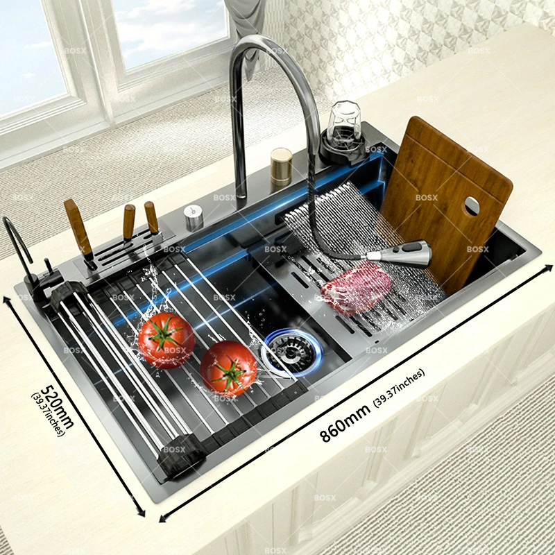 Kitchen Sink Stainless Steel Large Single Slot Multifunctional Waterfall Faucet Dishwashing and Vegetable Basin