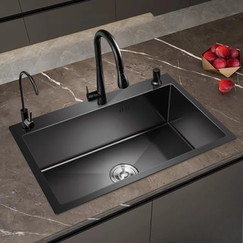 Kitchen Sink Stainless Steel Nano Black Single Bowl Deep Handmade Heavy Duty Countertop Topmount Drainboard Furniture household