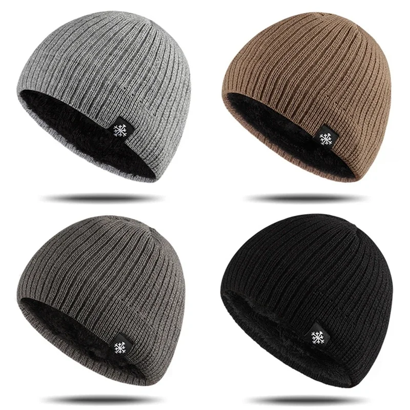 Knitted Plus Fleece Hat Men Beanie Solid Color Skullies with Snow Logo Thick Outdoor Ski Cap