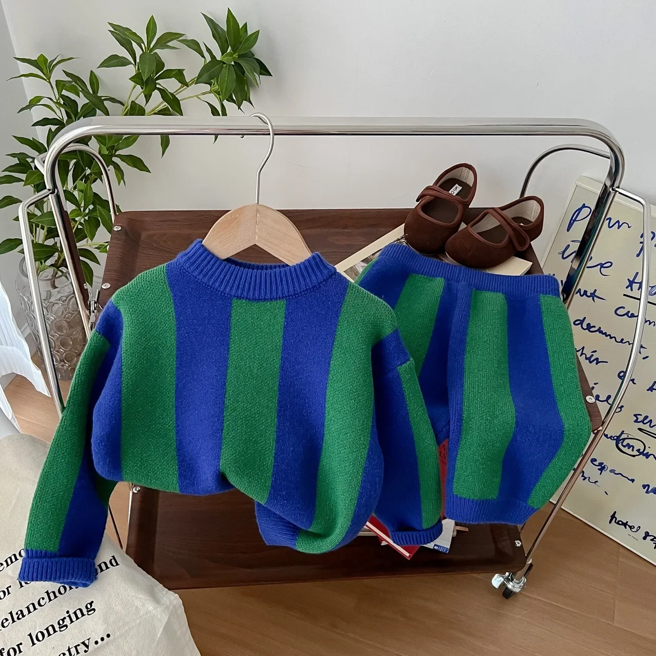 Korean Children's Sweater 2024 Spring New Boys and Girls Foreign Style Striped Knitted Sweater Set Brother and Sister Clothing