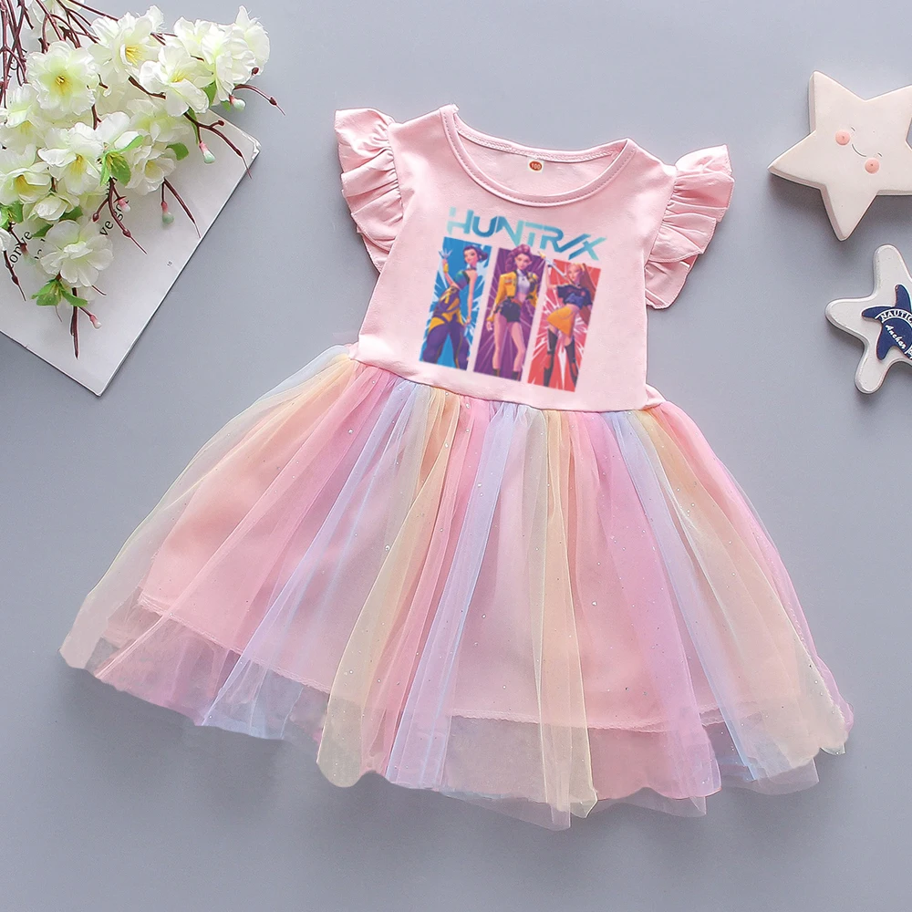 Kpop Demon Hunte Girls Dress Pink Summer Princess Dresses Flying Sleeve Kids Clothes Party Baby Dresses For Children Clothing