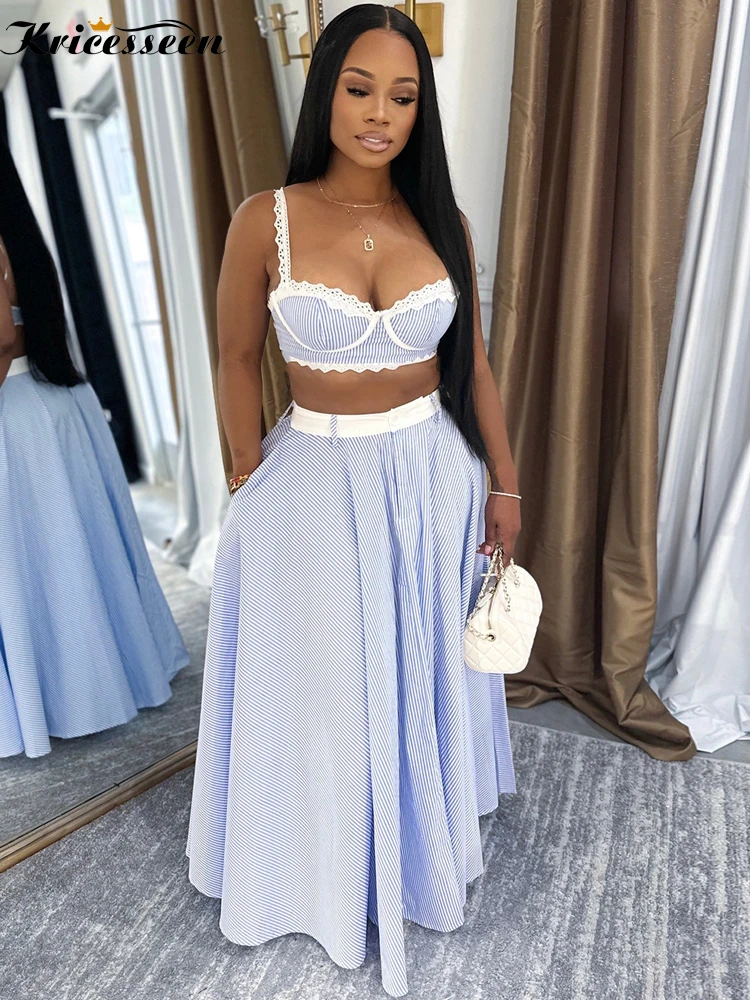 Kricesseen Cute Girls Lace Tirm Striped Cami Top And Ruched Maxi Skirt Set Two-Piece Dress Summer Vacation Outfits Streetwear