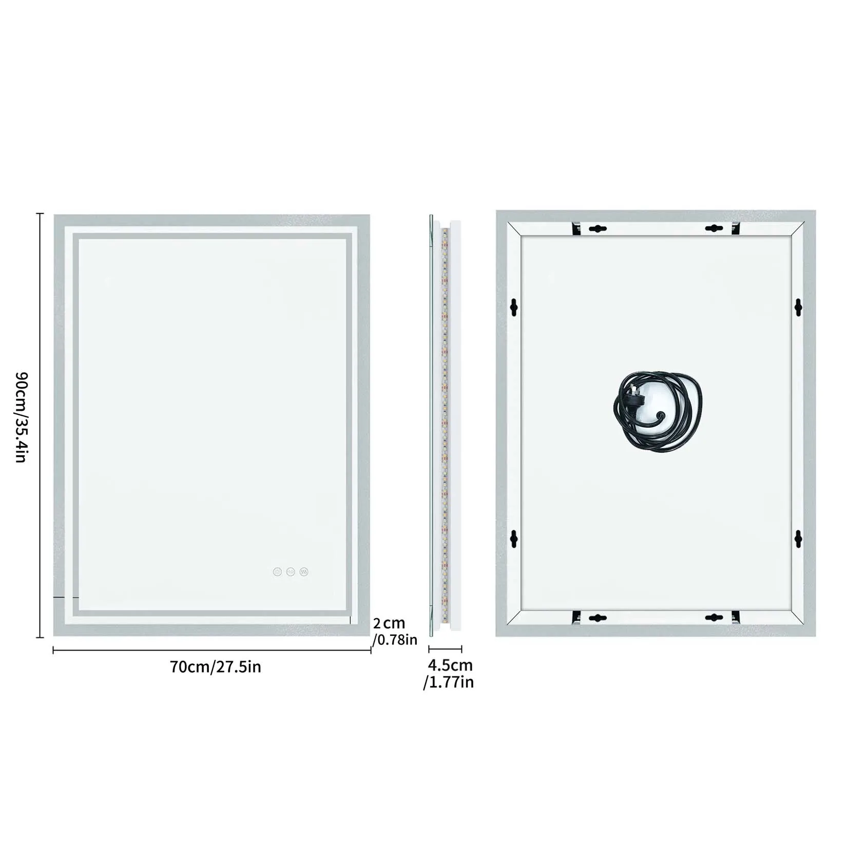 LED Light Bathroom Mirror Illuminated Wall Mounted Vanity Makeup Anti-Fog Rectangle 3 Colors Touch Light