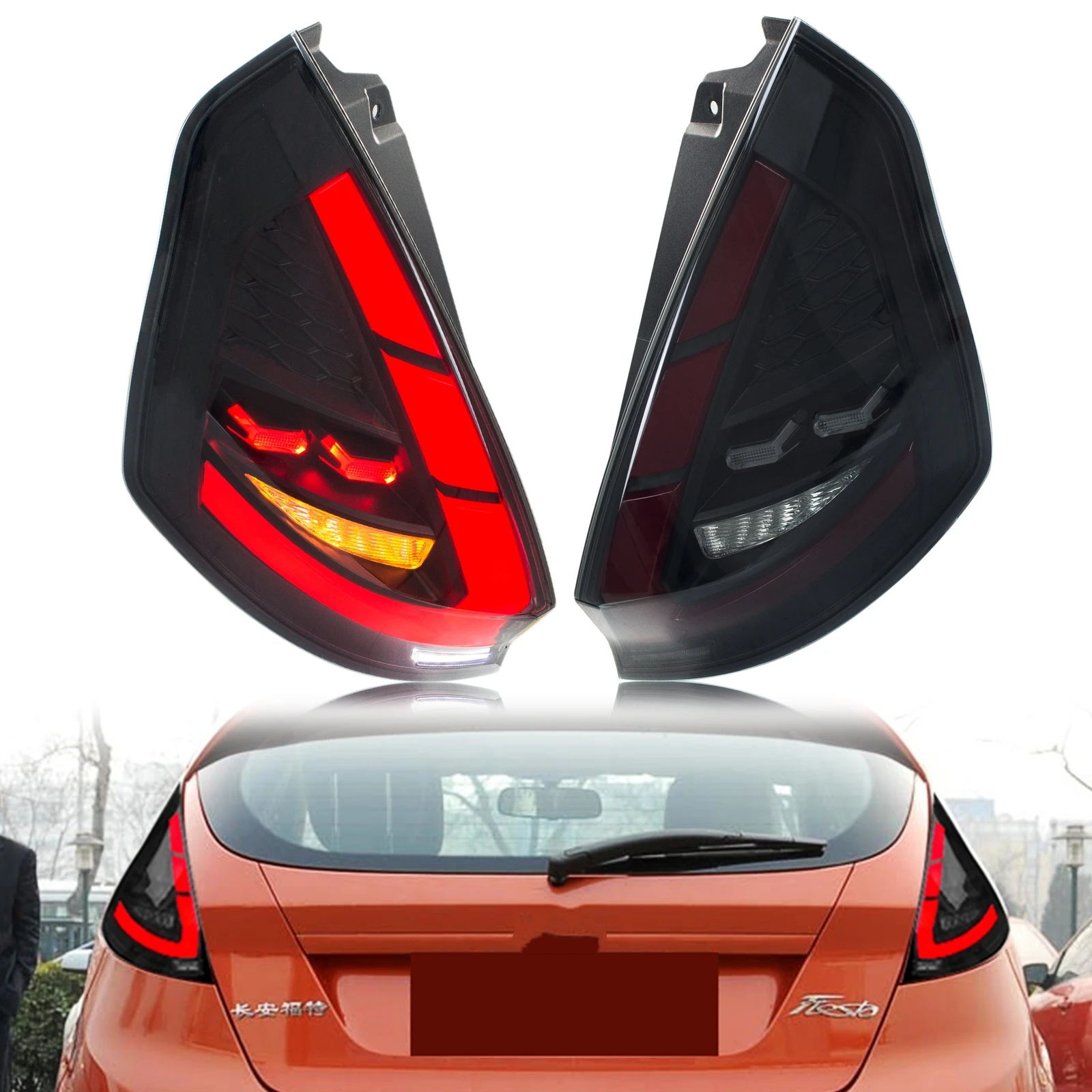 LED Tail Lights Assembly for Ford Fiesta 2008-2017 MK VI Sequential Turn Signal Start-up Animation Black Rear Lamps Assembly