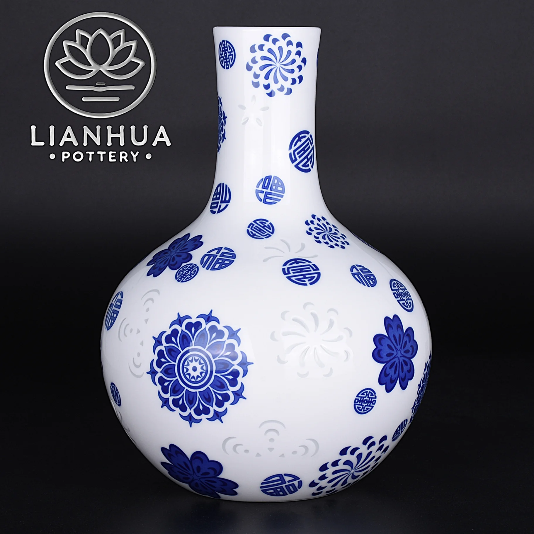 LIANHUA POTTERY Blue White Linglong Porcelain Vase 23cm Handcrafted Sphere Luxury Home Decor Housewarming Table Centerpiece Gift