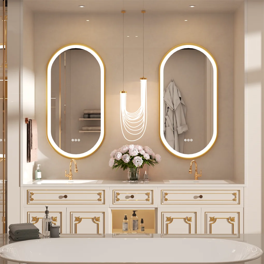 LUVODI Gold Oval LED Illuminated Bathroom Mirror with Aluminum Frame And Demister Pad,Luxury Bath Decorative Wall-Mounted Mirror