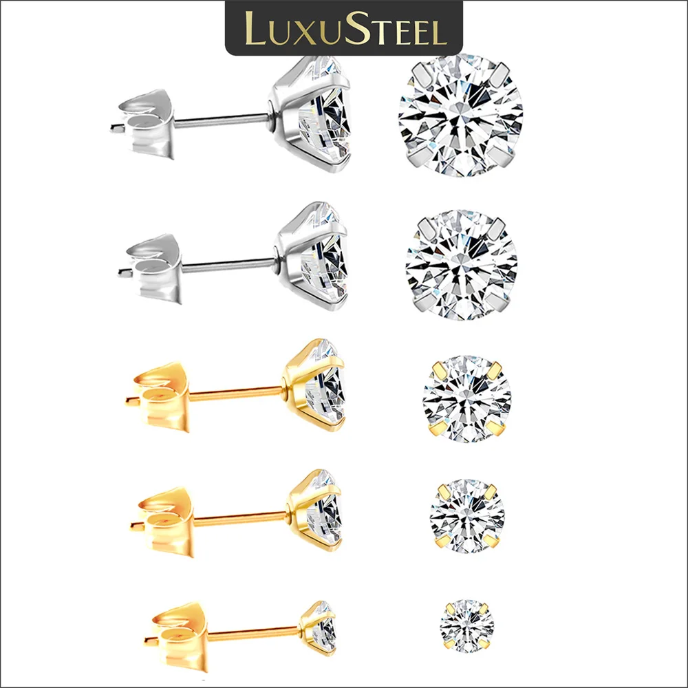 LUXUSTEEL 2Pcs Men's Crystal Zircon Studs Earrings For Women 316L Stainless Steel Cartilage Piercing Ear Anti Allergic 3-8mm